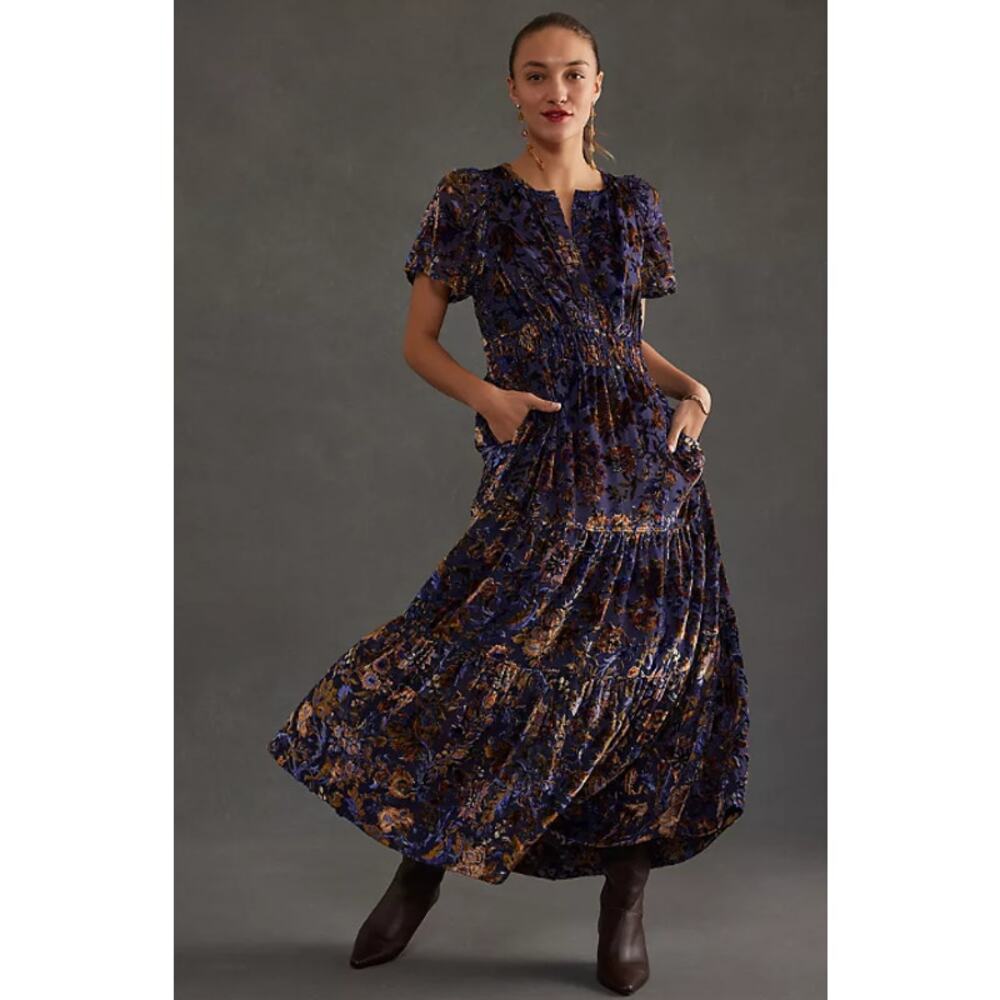 Anthropologie The Somerset Maxi Dress Velvet Burnout Floral Puff Sleeve Tiered